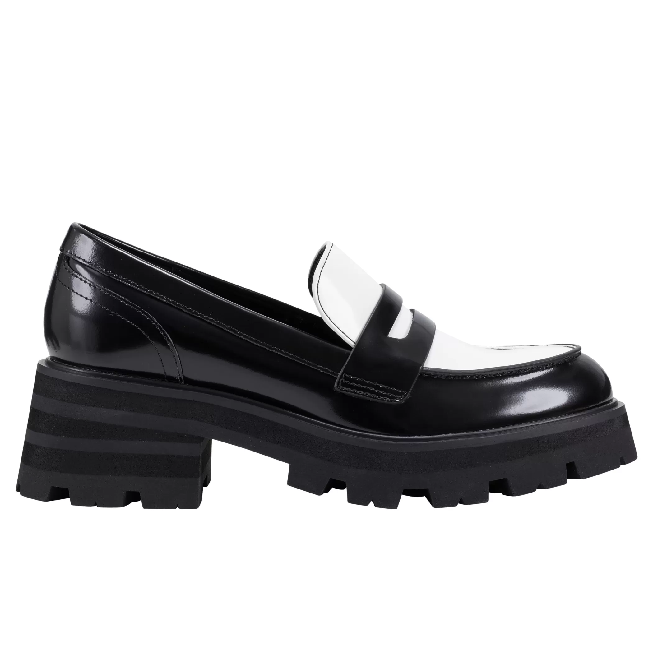 Cheap Marc Fisher Latika Lug Sole Loafer Black and White