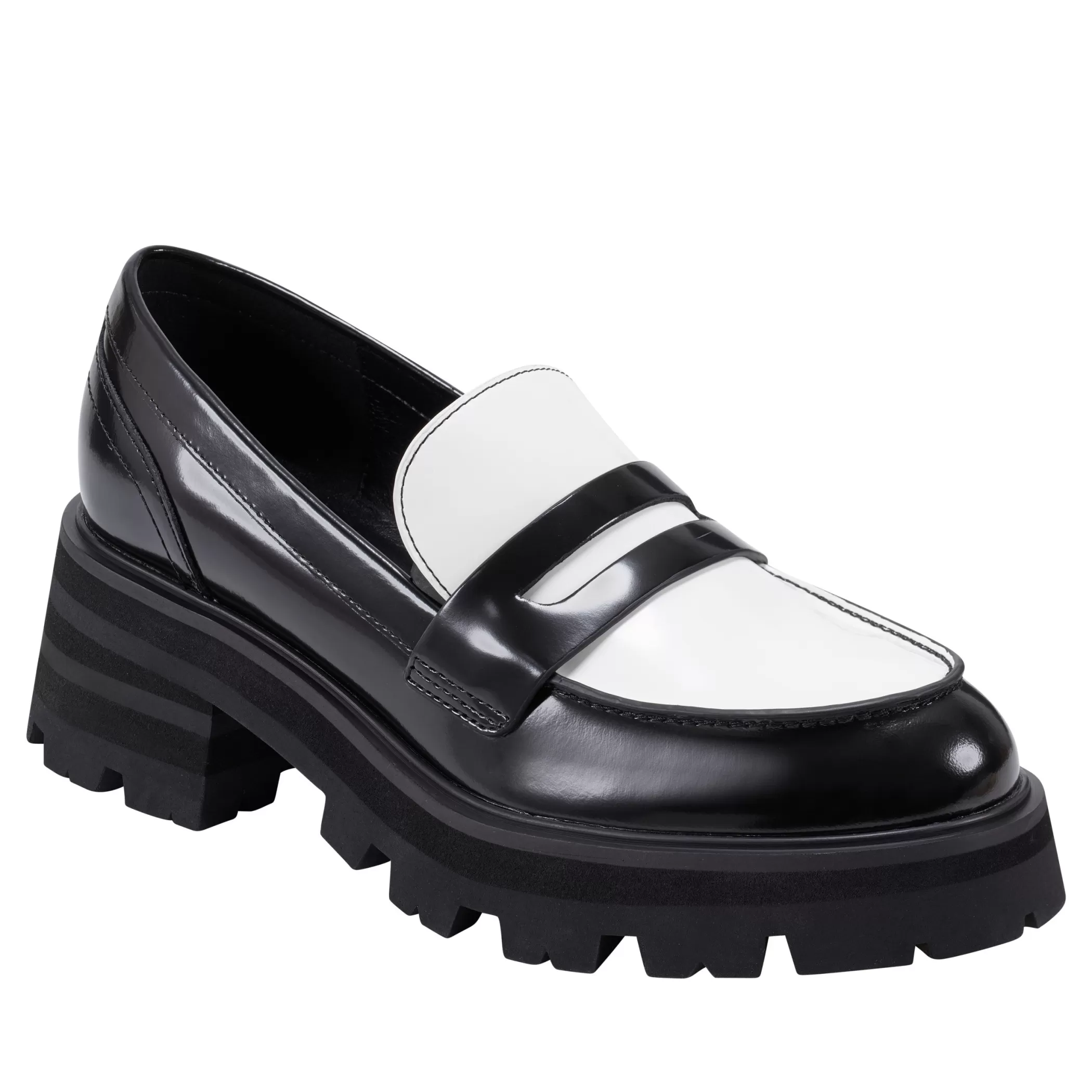 Cheap Marc Fisher Latika Lug Sole Loafer Black and White