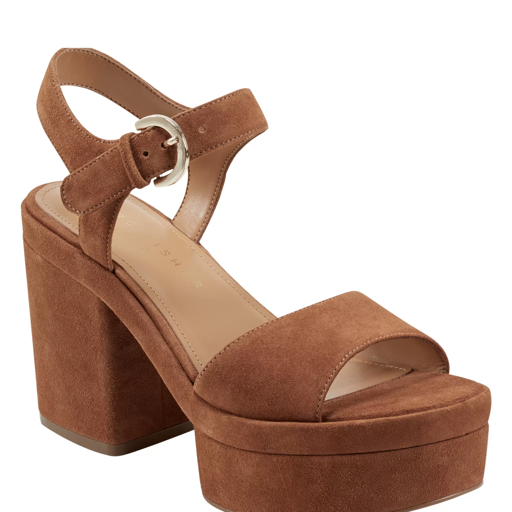 New Marc Fisher Normi Platform Sandal Cognac Suede