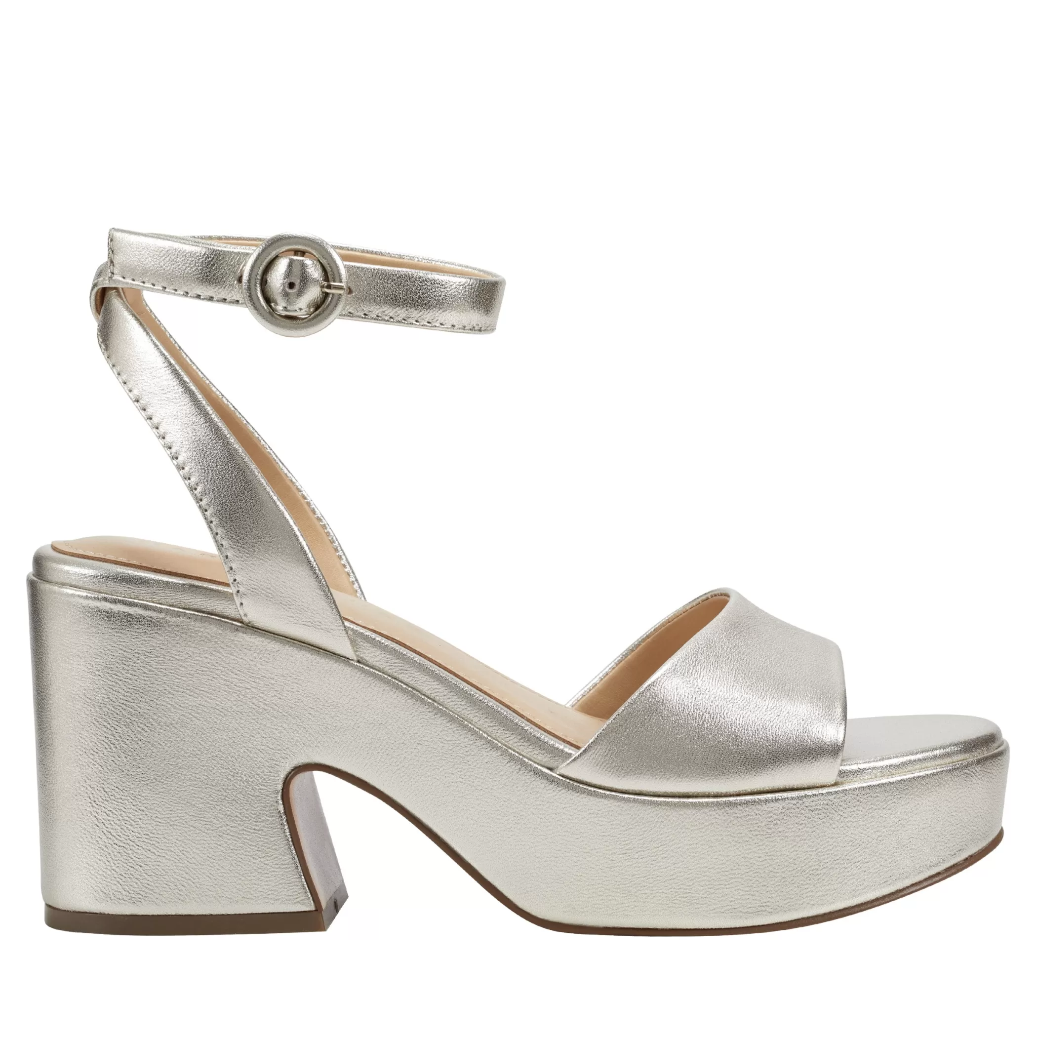 New Marc Fisher Razza Block Heel Platform Sandal Platino Leather