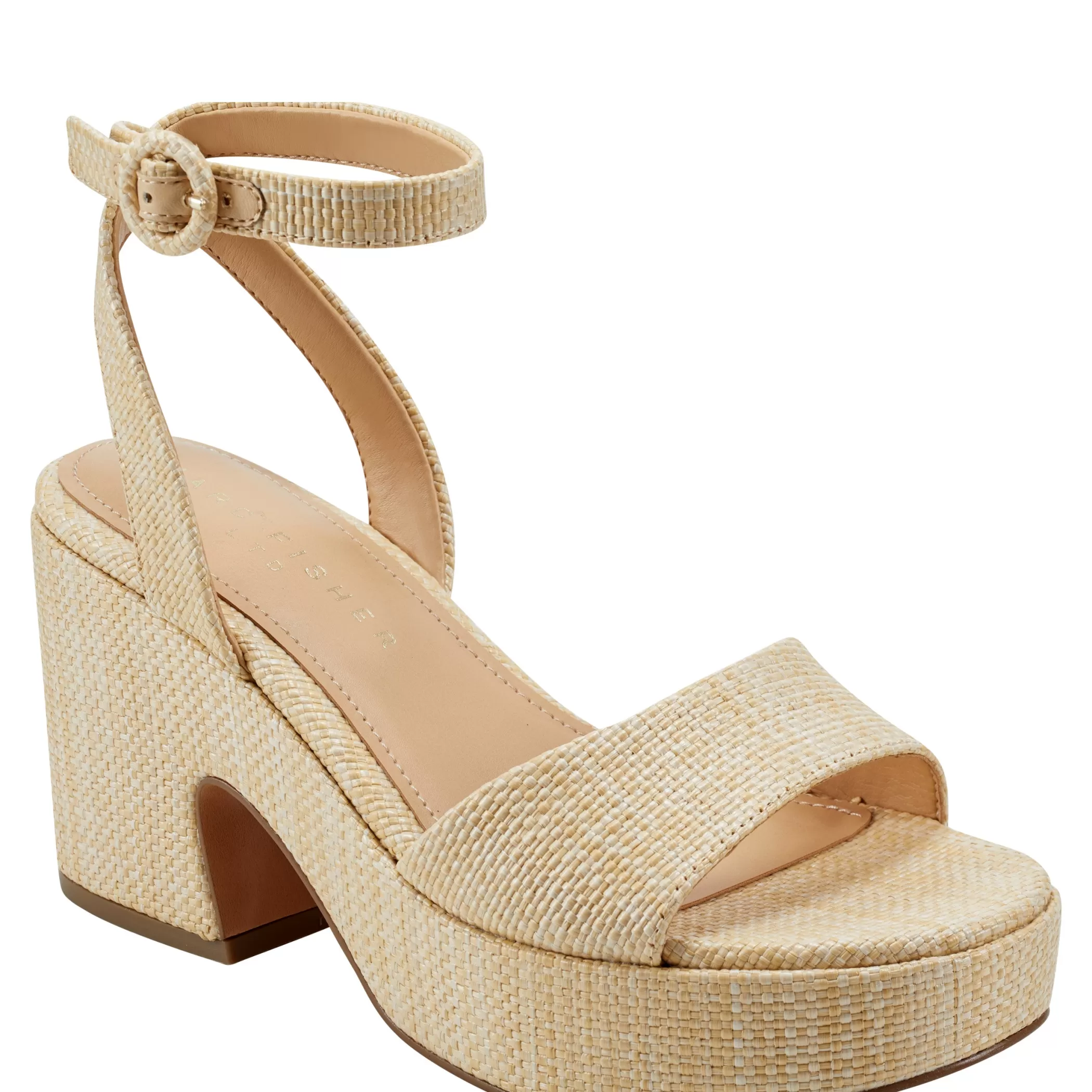 New Marc Fisher Razza Block Heel Platform Sandal Natural Raffia