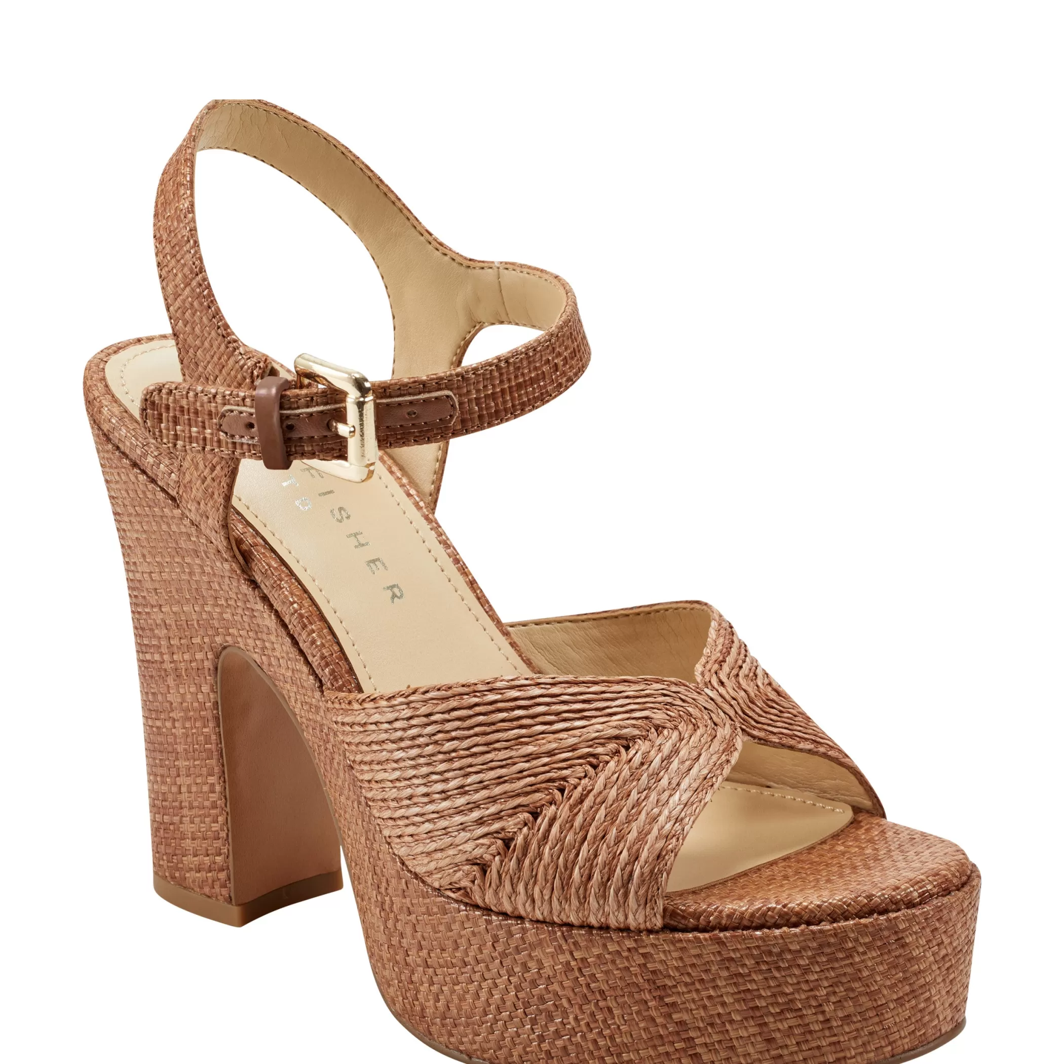 Hot Marc Fisher Starla Block Heel Platform Sandal Brown Raffia